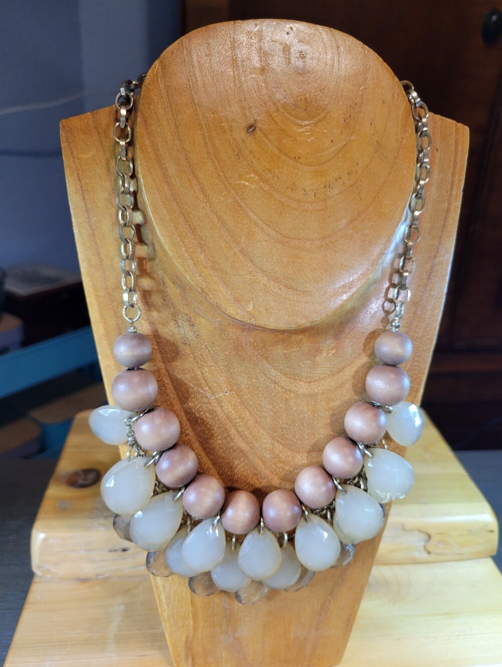 Women's Layered Wood Bead with Faceted Acrylic Drops Gold Tone Bib Necklace